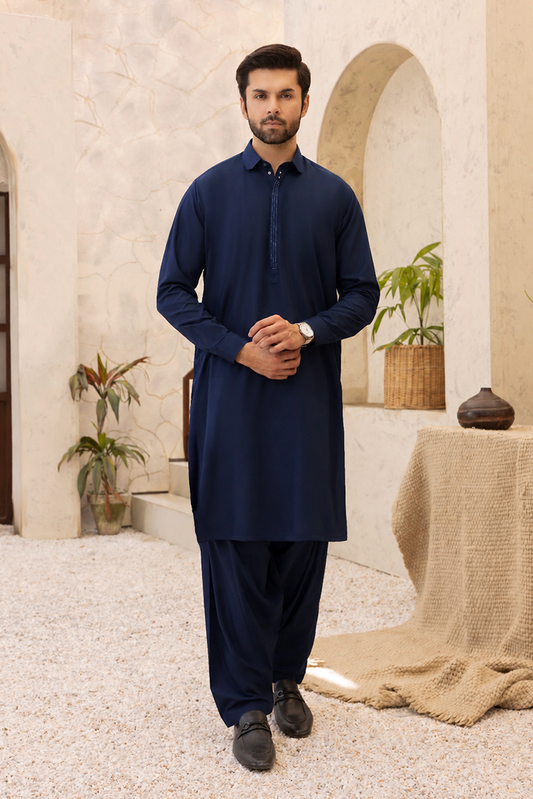 Black Pearl - Wash & Wear | Navy Collar Shalwar Kameez