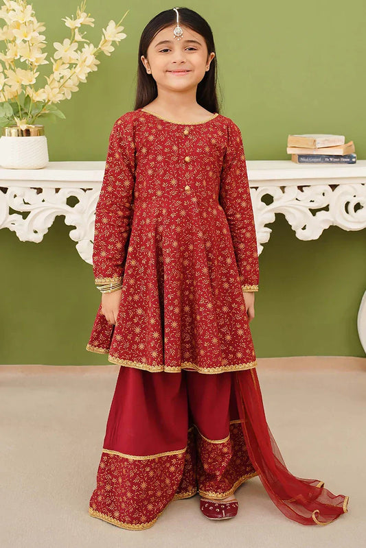 Modest - 3 Piece Maroon Printed Linen Gharara