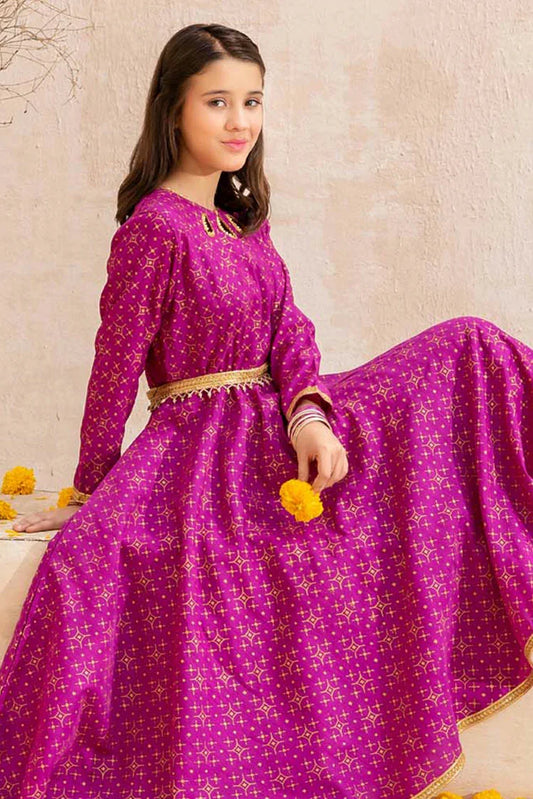 Modest - Meethi Eid - Purple Rawsilk Printed 3 Piece Frock