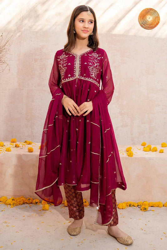 Modest - Meethi Eid - Maroon Crinkle Embroidered 3 Piece