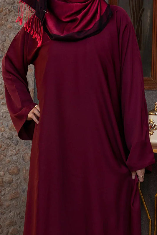 Malbus - Abaya - Maroon Plain Straight Closed