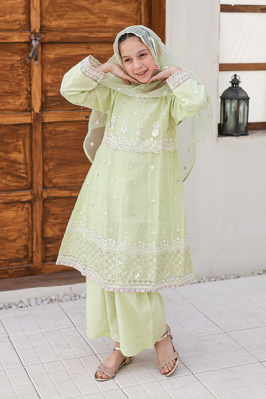 Girlz Eid Edit - Pishwas Pista Green - 3 Piece