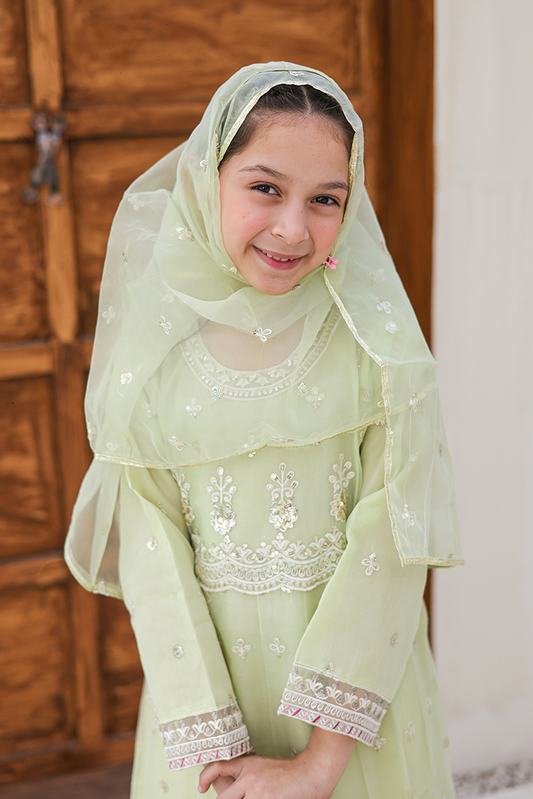 Girlz Eid Edit - Pishwas Pista Green - 3 Piece