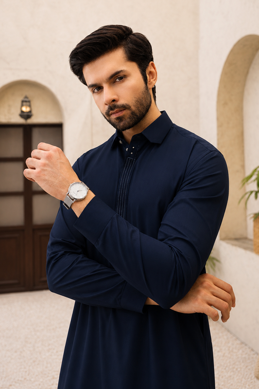 Black Pearl - Wash & Wear | Navy Collar Shalwar Kameez