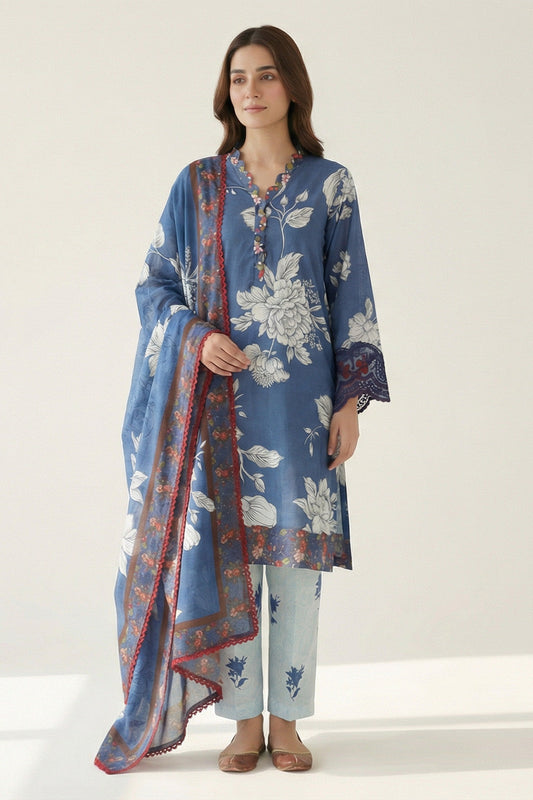 Peelu - 3 Piece - Stitched Lawn Suit Blue Noir