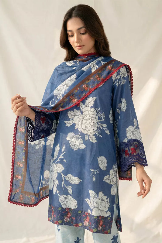 Peelu - 3 Piece - Stitched Lawn Suit Blue Noir