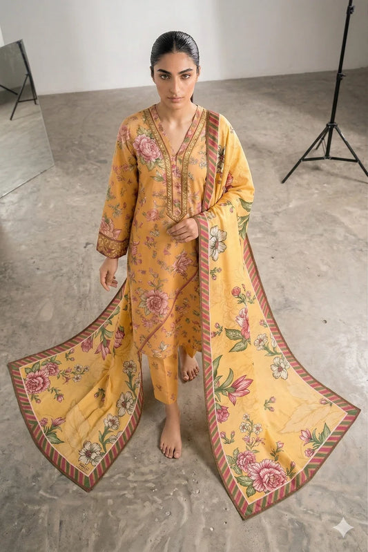 Peelu - 3 Piece - Stitched Lawn Suit Autumn Rose