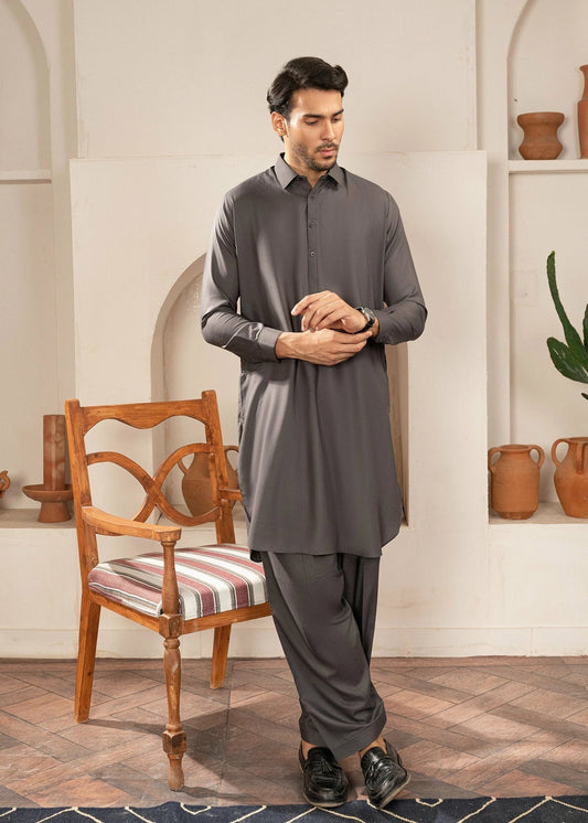 Picture of Wash & Wear | Grey Collared Shalwar Kameez - Available at Raja Sahib
