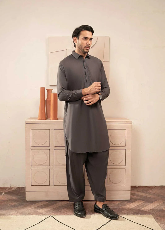 Picture of Wash & Wear | Grey Collared Shalwar Kameez - Available at Raja Sahib