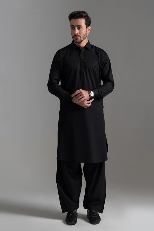 Picture of <!--amz-->Wash & Wear | Black Collared Shalwar Kameez - Available at Raja Sahib