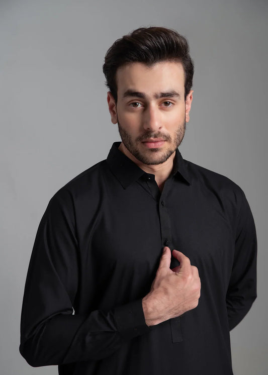 Picture of <!--amz-->Wash & Wear | Black Collared Shalwar Kameez - Available at Raja Sahib