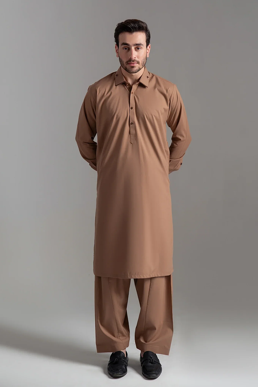 Picture of <!--amv-->Wash & Wear | Brown Collared Shalwar Kameez - Available at Raja Sahib