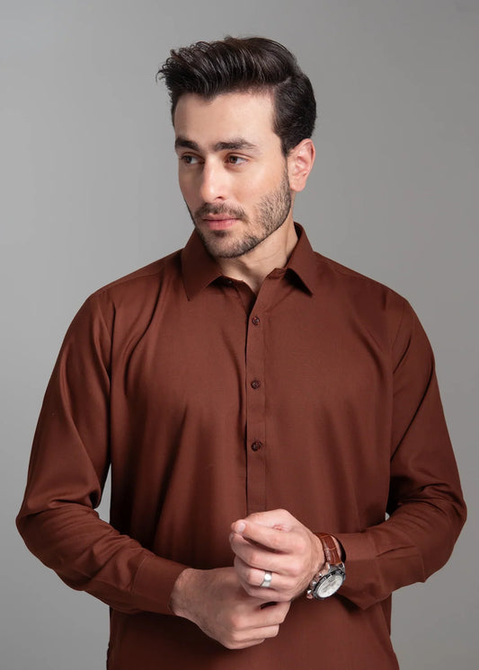 Picture of Wash & Wear | Brown Collared Shalwar Kameez - Available at Raja Sahib