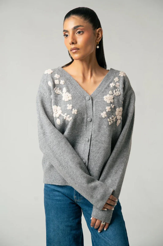 V-Neck Embroidered Knit Sweater