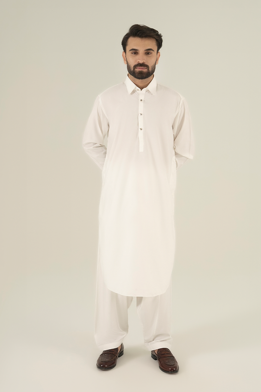 Black Pearl - Wash & Wear | Off White Collar Kameez Shalwar