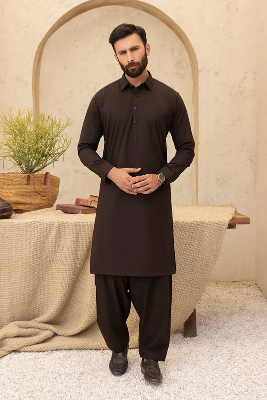 Black Pearl - Wash & Wear | Dark Brown Collar Shalwar Kameez