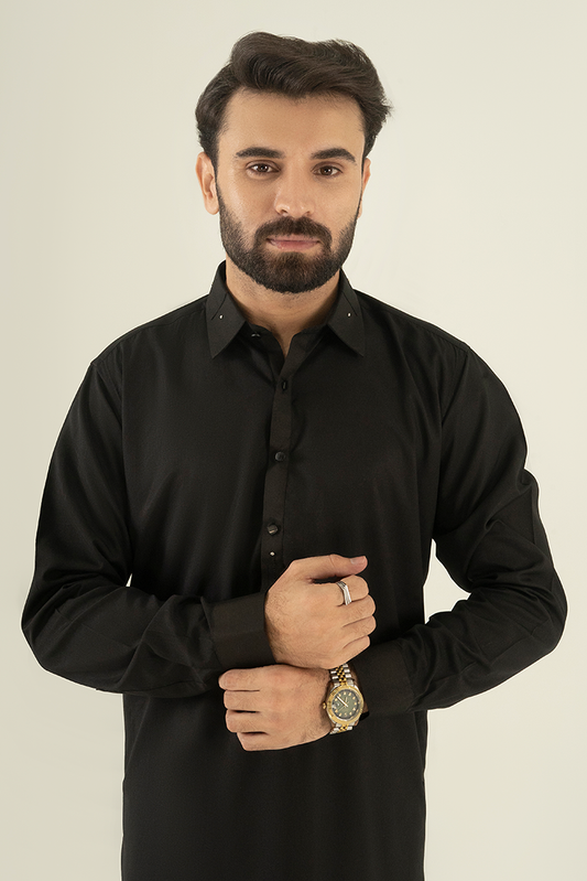 Black Pearl - Wash & Wear | Black Collar Kameez Shalwar