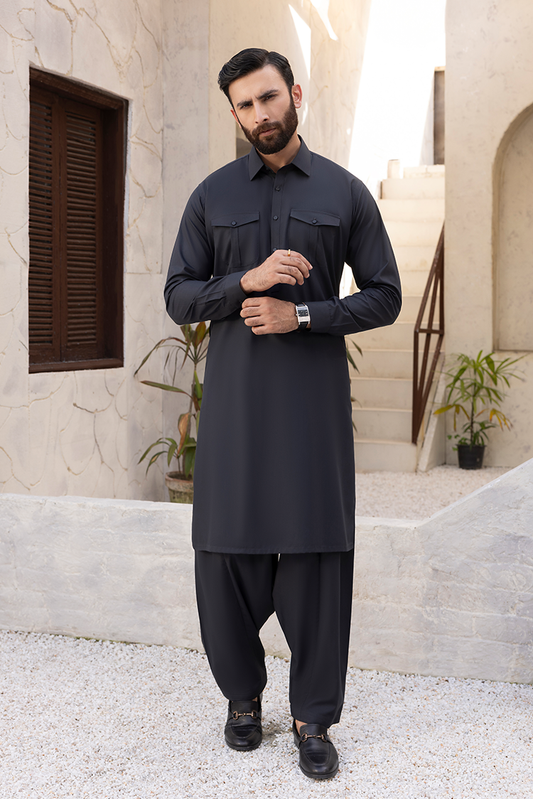 Black Pearl - Wash & Wear | Black Collar Shalwar Kameez