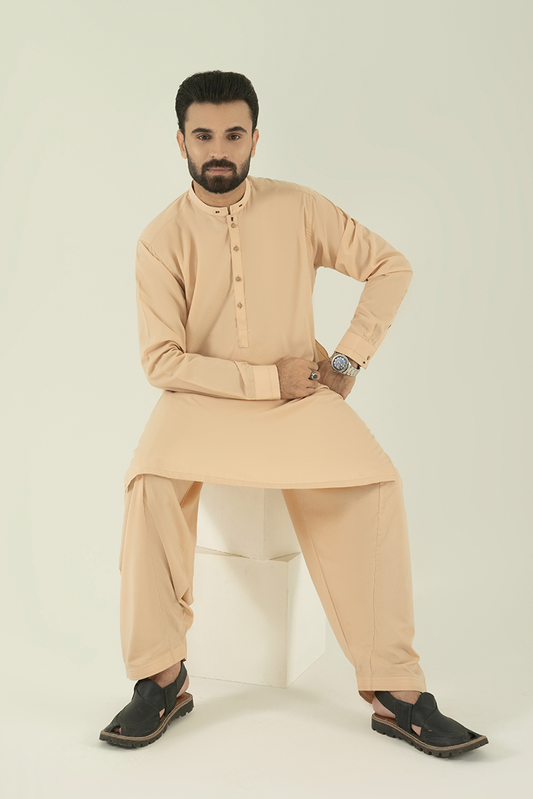 Black Pearl - Wash & Wear | Beige Ban Kameez Shalwar