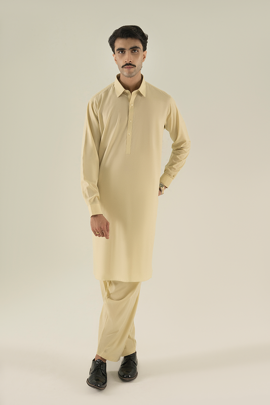 Black Pearl - Wash & Wear | Cream Collar Kameez Shalwar