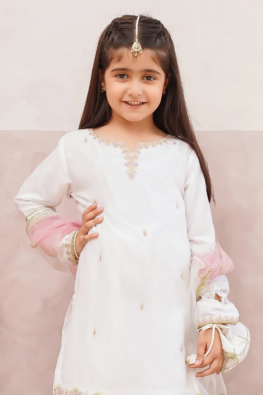 Modest - 3 Piece White Chiffon Embroidered Gharara