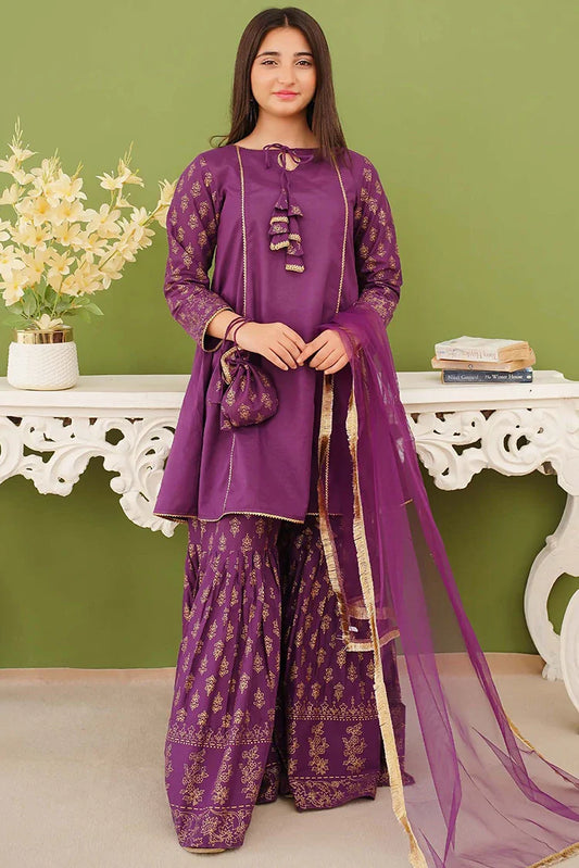Modest - 3 Piece Purple Printed Cotton Gharara
