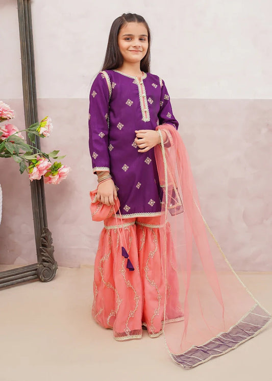 Modest - 3 Piece Purple Embroidered Rawsilk Gharara