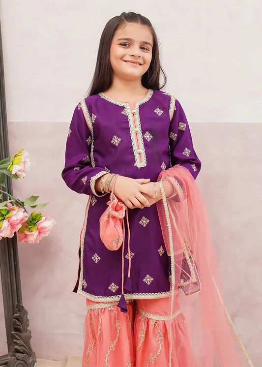 Modest - 3 Piece Purple Embroidered Rawsilk Gharara