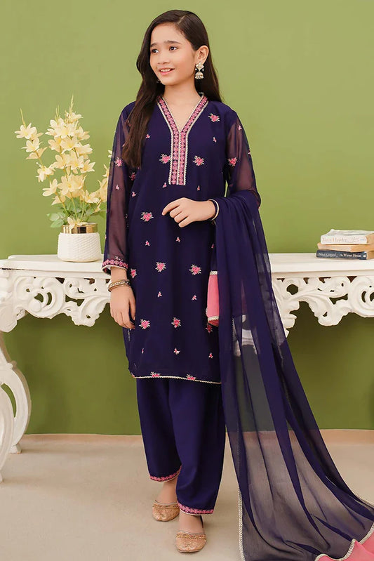 Modest - 3 Piece Embroidered Blue Chiffon Suit