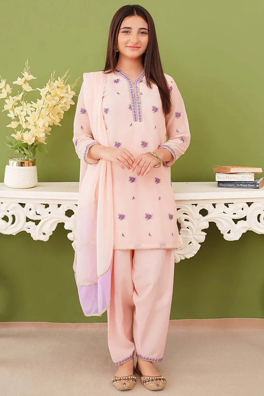 Modest - 3 Piece Peach Chiffon Embroidered Suit