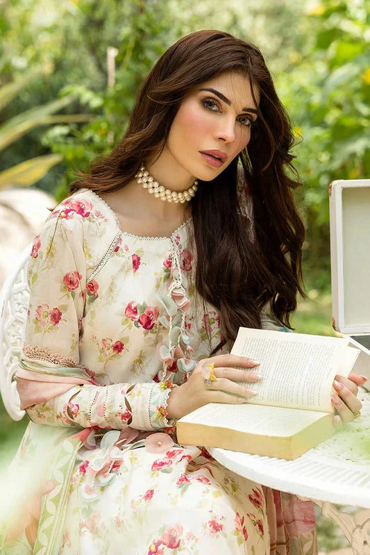 Picture of Elaf - Chiffon Print Collection - ECD-2A IVORY PEONY - Unstitched - Available at Raja Sahib