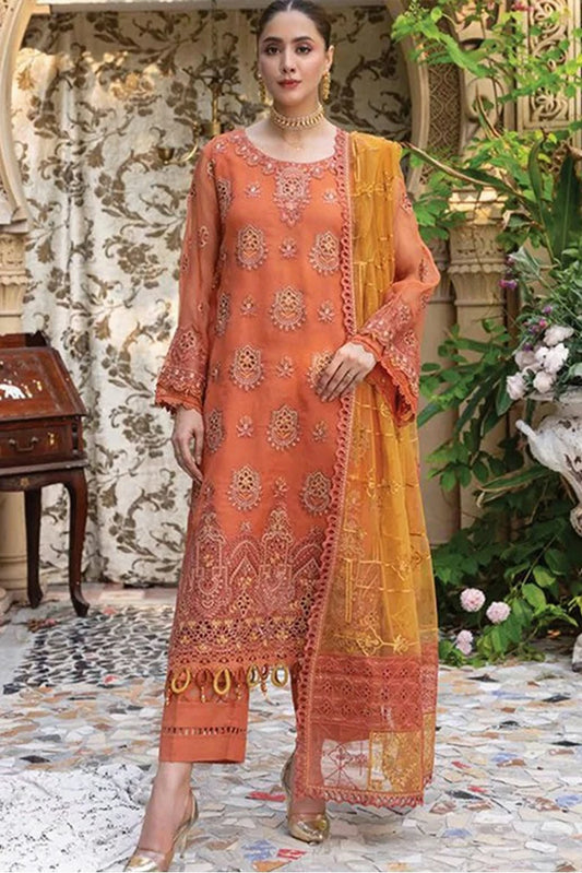 Azu - Navia Embroidered Organza Collection - 08-Bloomberg Orange - Unstitched