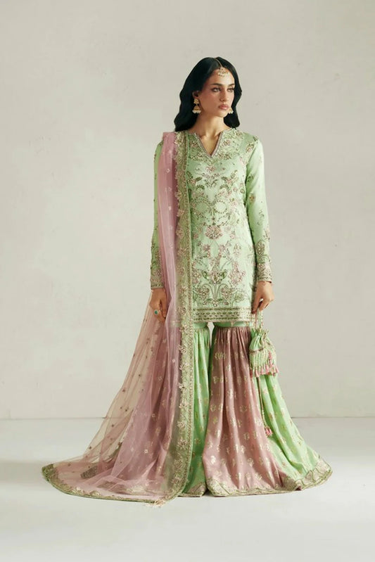 Vera - Wedding Festive Collection - 06-Resham Mint Green Gharara Set - Unstitched