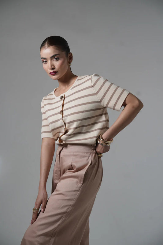 Short Sleeves Striped Knit Cardigan