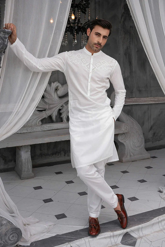 Fabrich - Men's Embroidered Unstitch Kameez Shalwar - Snow White