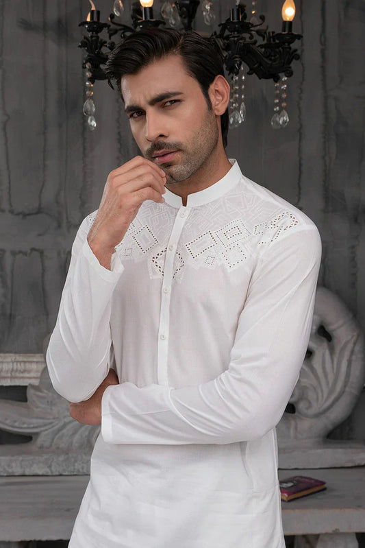 Fabrich - Men's Embroidered Unstitch Kameez Shalwar - Snow White