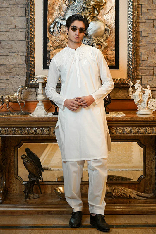 Fabrich - Men's Embroidered Unstitch Kameez Shalwar - Off White