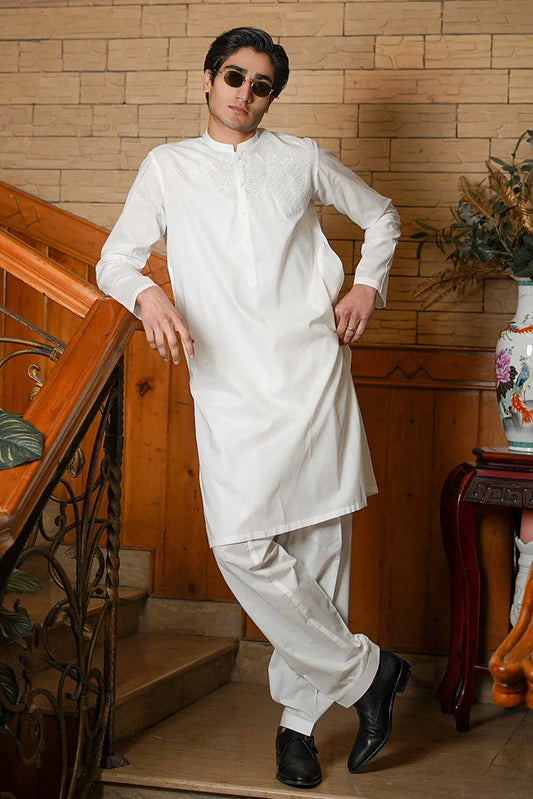Fabrich - Men's Embroidered Unstitch Kameez Shalwar - Snow White