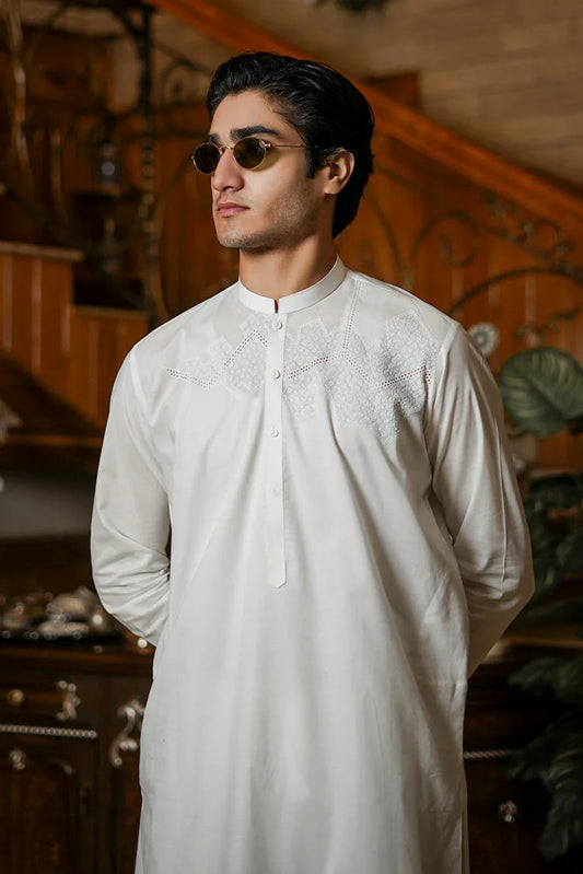Fabrich - Men's Embroidered Unstitch Kameez Shalwar - Snow White