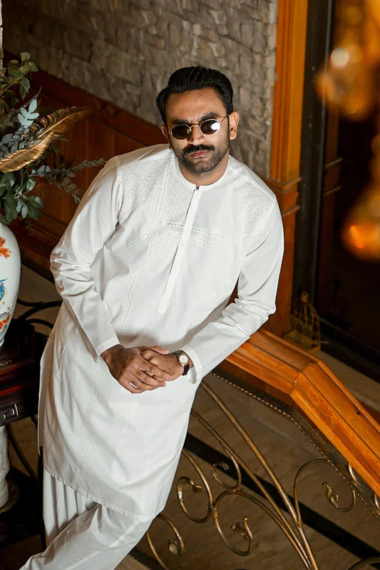 Fabrich - Men's Embroidered Unstitch Kameez Shalwar - Snow White