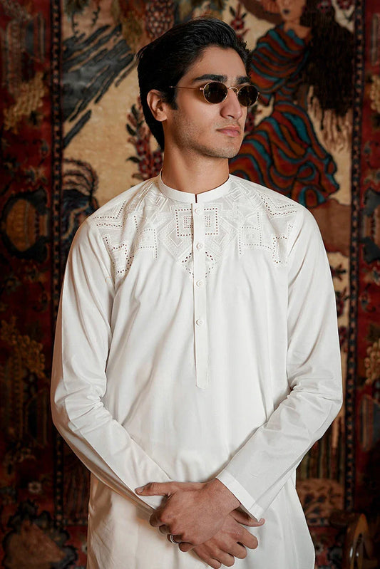 Fabrich - Men's Embroidered Unstitch Kameez Shalwar - Off White