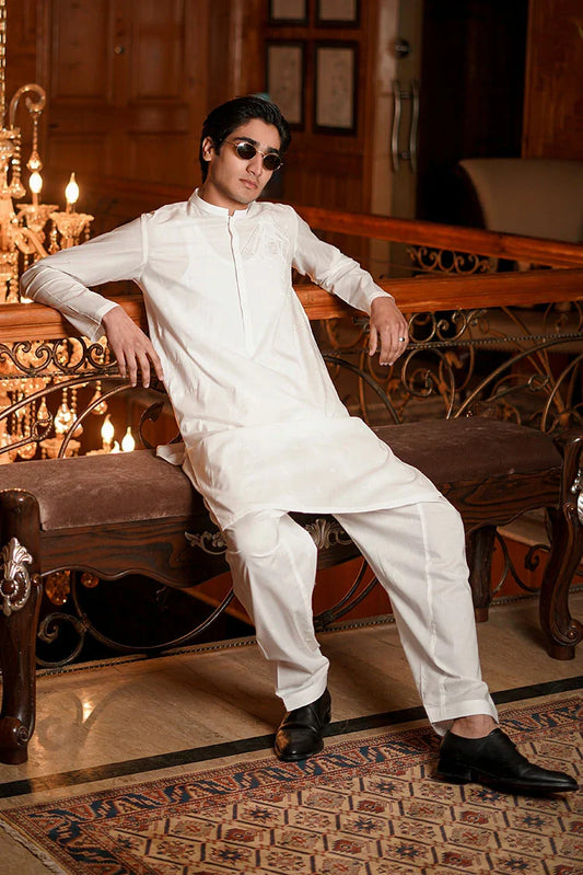 Fabrich - Men's Embroidered Unstitch Kameez Shalwar - Snow White