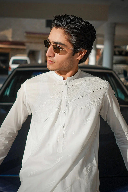 Fabrich - Men's Embroidered Unstitch Kameez Shalwar - Snow White