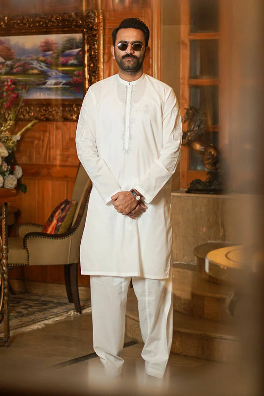 Fabrich - Men's Embroidered Unstitched Kameez Shalwar - Snow White
