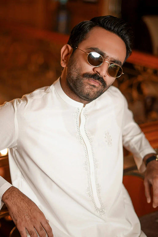 Fabrich - Men's Embroidered Unstitched Kameez Shalwar - Snow White