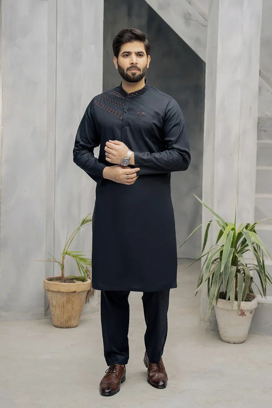Fabrich - Men's Unstitch Embroidered Kameez Shalwar - Black