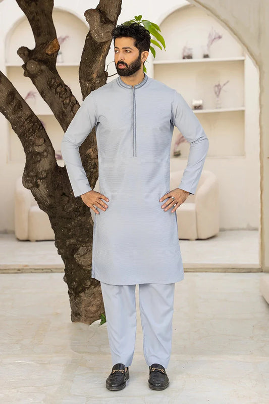 Fabrich - Men's Embroidered Unstitch Kameez Shalwar - Misty Blue