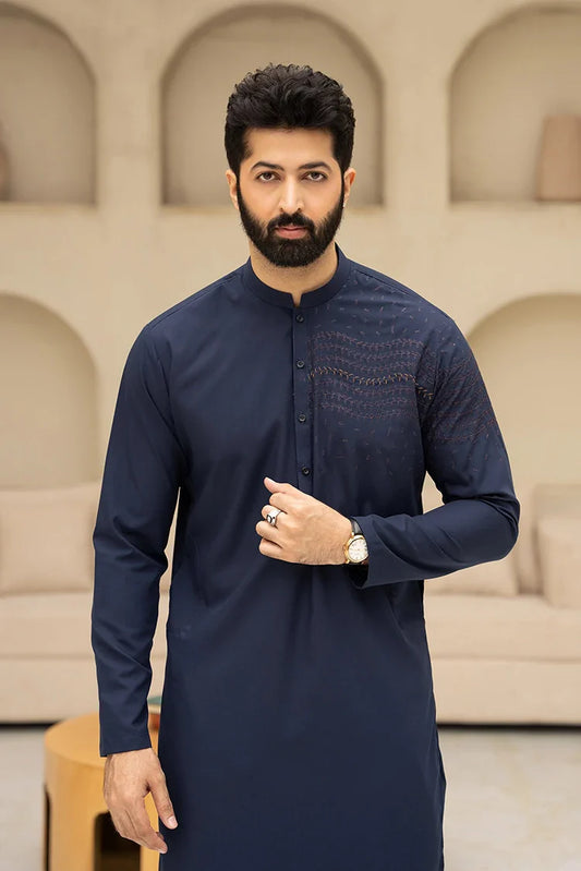 Fabrich - Men's Embroidered Unstitch Kameez Shalwar - Navy