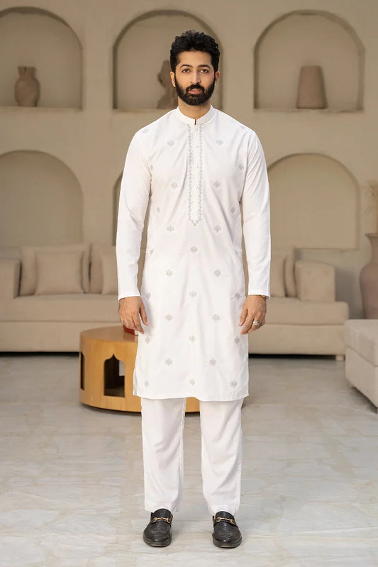 Fabrich - Men's Embroidered Unstitch Kameez Shalwar - Off White