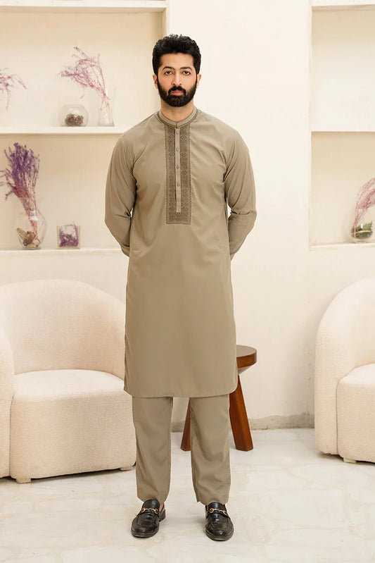 Fabrich - Men's Embroidered Unstitch Kameez Shalwar - Olive Khaki